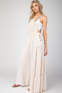 LACE TRIMMED TIERED SLEEVELESS JUMPSUIT