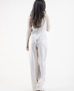 METALLIC FRONT PLEATED WIDE LEG PANTS