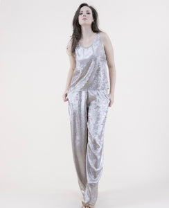 METALLIC FRONT PLEATED WIDE LEG PANTS