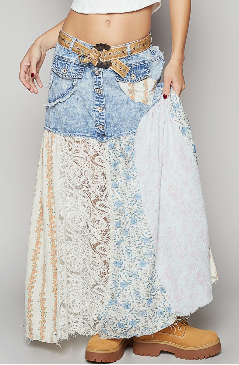 DENIM FLORAL MAXI SKIRT