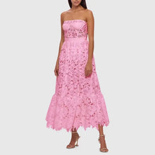 Load image into Gallery viewer, Pink Lace Strapless Midi Dress
