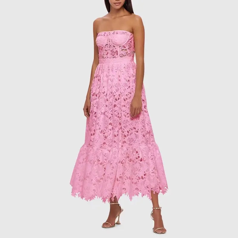 Pink Lace Strapless Midi Dress