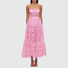 Load image into Gallery viewer, Pink Lace Strapless Midi Dress
