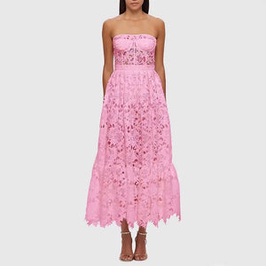 Pink Lace Strapless Midi Dress