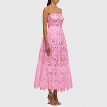 Load image into Gallery viewer, Pink Lace Strapless Midi Dress
