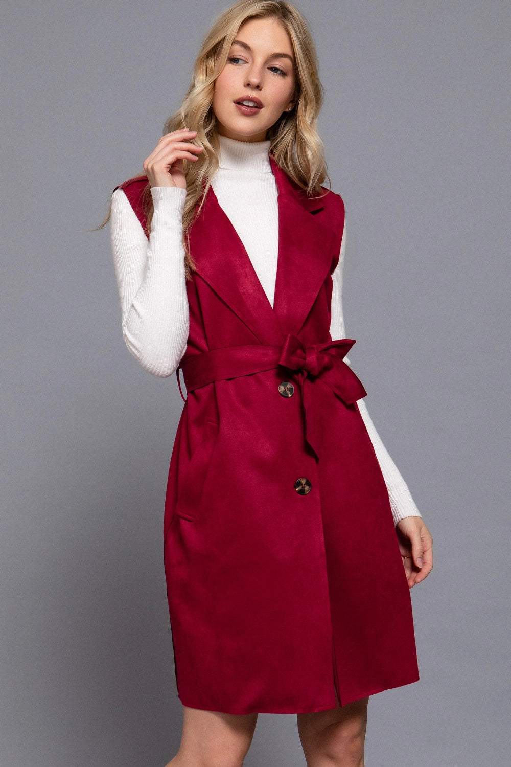 Belted and Collared long Faux Suede Vest