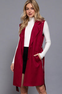 Belted and Collared long Faux Suede Vest