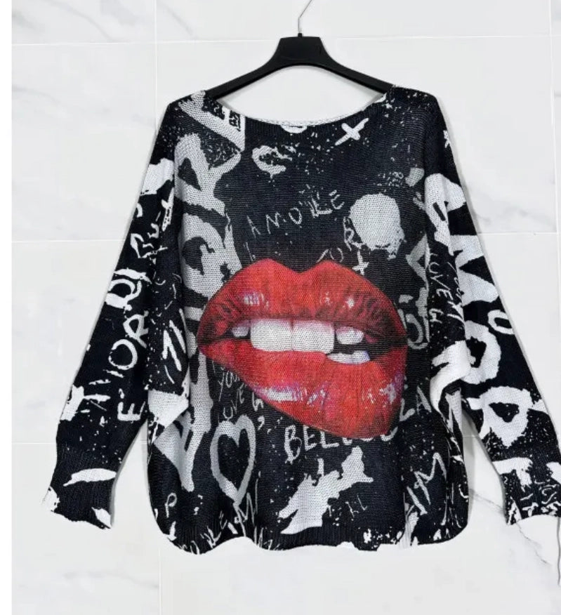 RED LIP PRINTED KNIT SWEATER