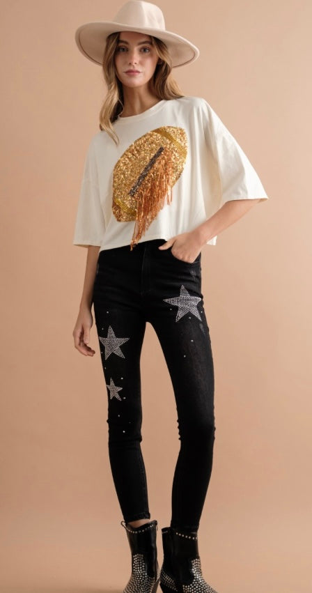 SEQUIN AND FRINGE FOOTBALL TEE